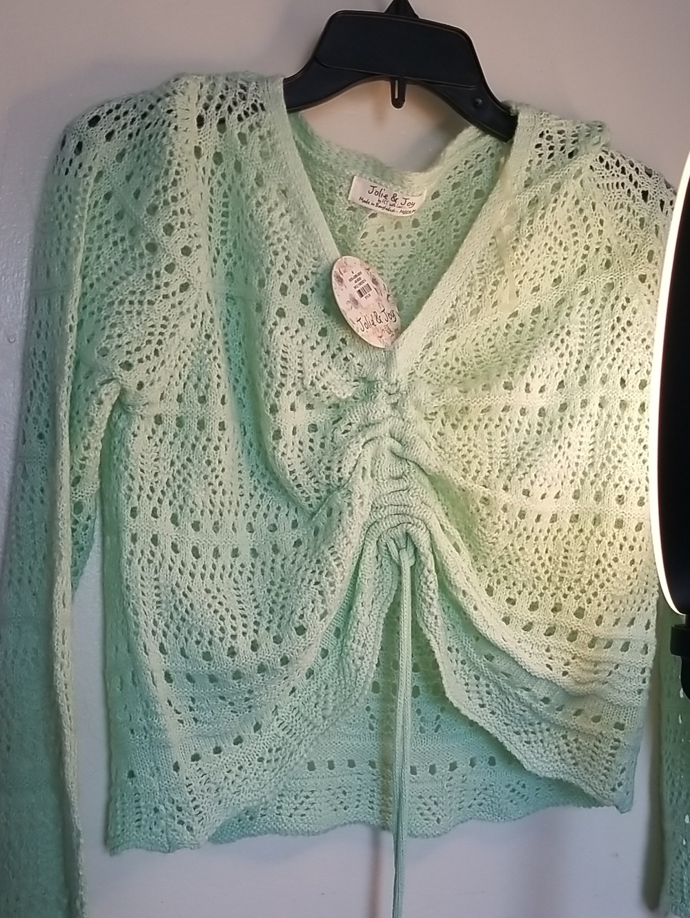 Jolie & Joe Mint Green Openwork Drawstring Cardigan